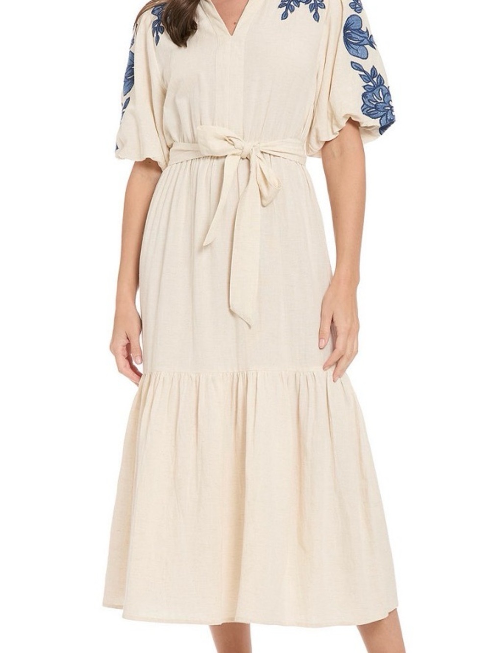 Cream Prairie Maxi Dress with Ruffle Collar, Embroidery and Tiered Skirt.